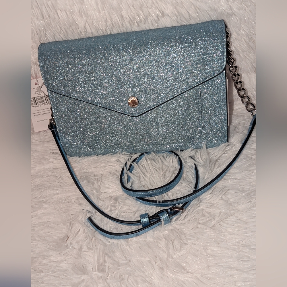 Kate Spade Tinsel Glitter Fabric Flap Crossbody Frosty Sky Blue NWT